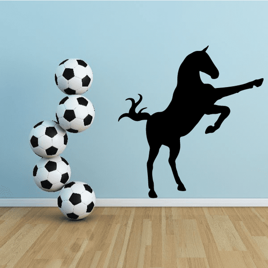 Standing stallion wall decal, black horse silhouette with ball-pile soccer balls.