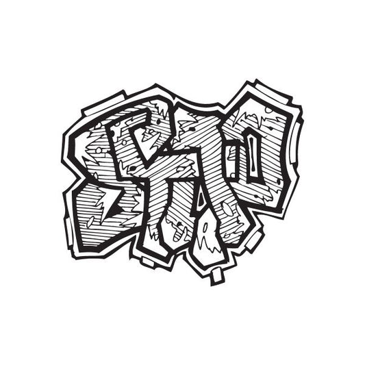 Graffiti decal sticker with bold black-and-white tag lettering and outline shapes