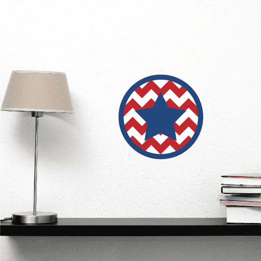 Star die-cut decal with red-and-white chevron pattern, inside a blue circle border