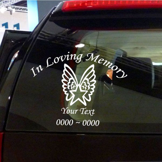 Star memorial window decal: butterfly-star with 'In Loving Memory' and 'Your Text'