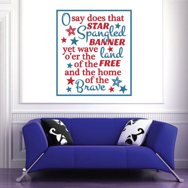 Star Spangled Banner die cut decal, blue square with red and white patriotic text and stars