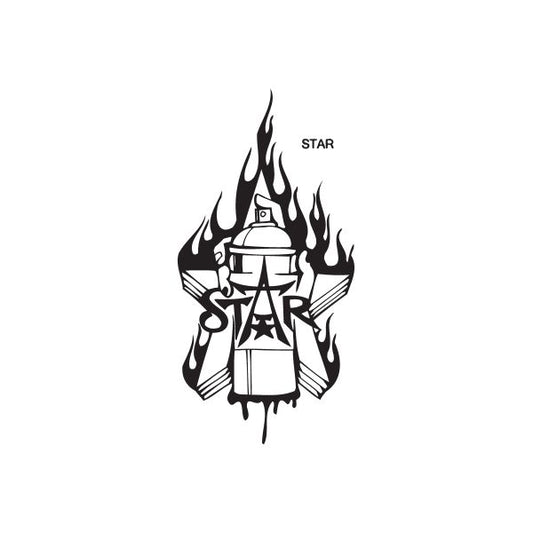 Star spray paint can decal, black flame spray-can graphic with STAR text