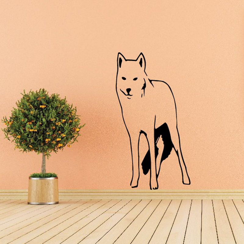 Staring arctic wolf wall decal, black line art of standing wolf with front paws