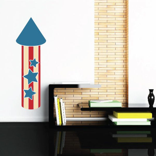 Firework wall decoration with blue cone, red-and-white stripes, and blue stars