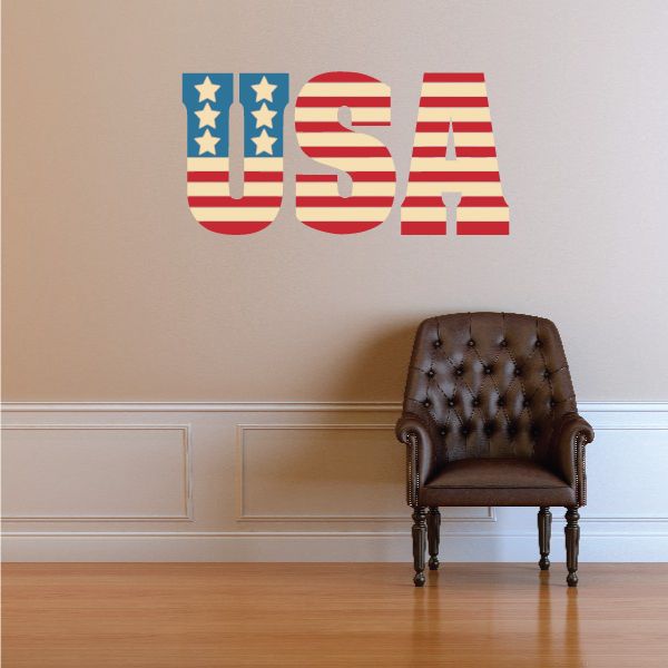 Stars and stripes USA lettering die-cut decal in red, white, and blue