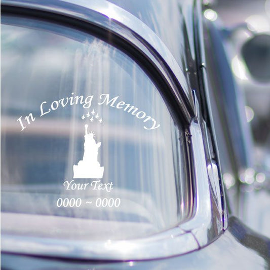 Memorial decal reading "In Loving Memory" with star and Statue of Liberty silhouette