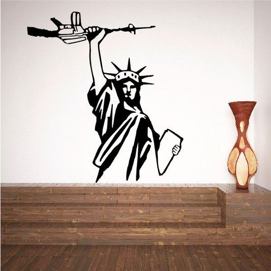Black vinyl wall decal of Statue of Liberty holding an AK-47 rifle