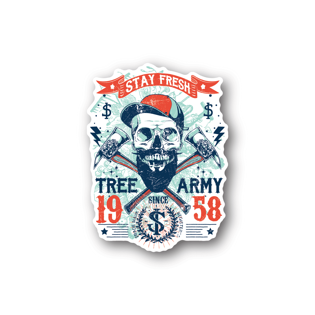 Vinyl sticker with skull and tree army emblem, crossed rifles in red/white/blue