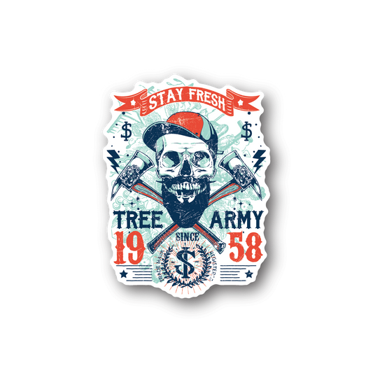 Vinyl sticker with skull and tree army emblem, crossed rifles in red/white/blue