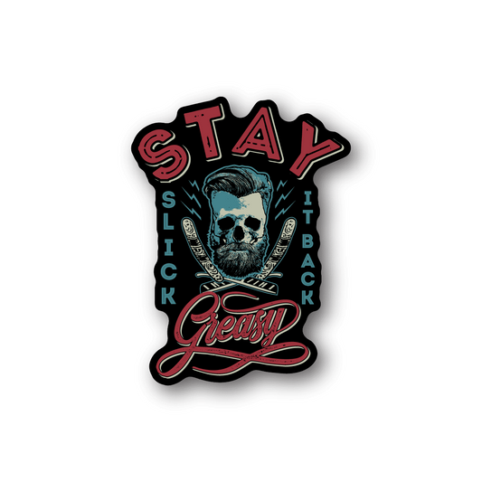 Vinyl sticker with skull, Stay Greasy script, and barber-themed icons