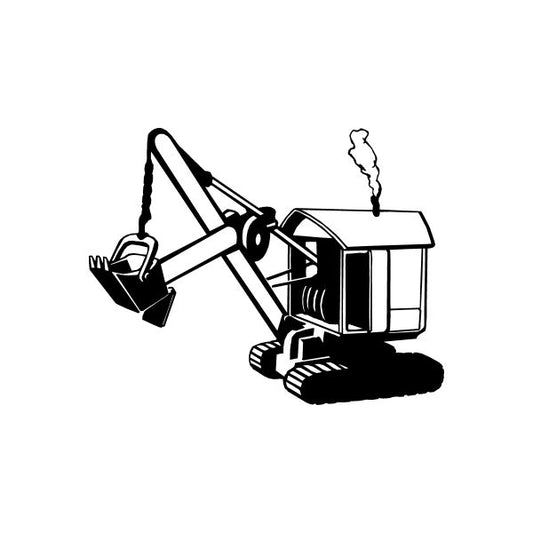 Steam powered excavator decal, black line art with steam plume and bucket arm