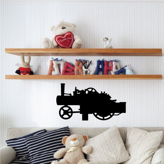 Steam powered tractor decal, black silhouette of a steam tractor