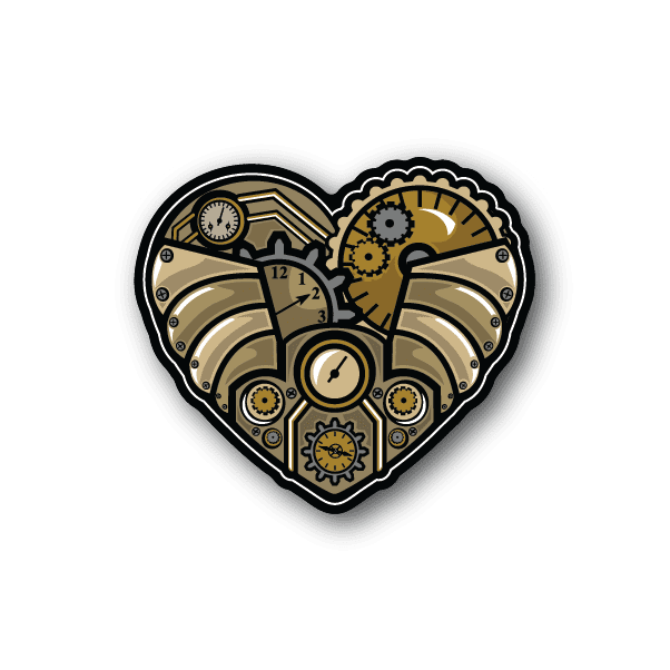 Heart-shaped vinyl sticker with clockwork gears and metal accents in gold and black