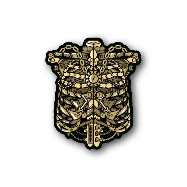 Steam punk rib cage vinyl sticker with gold mechanical gears and central sword
