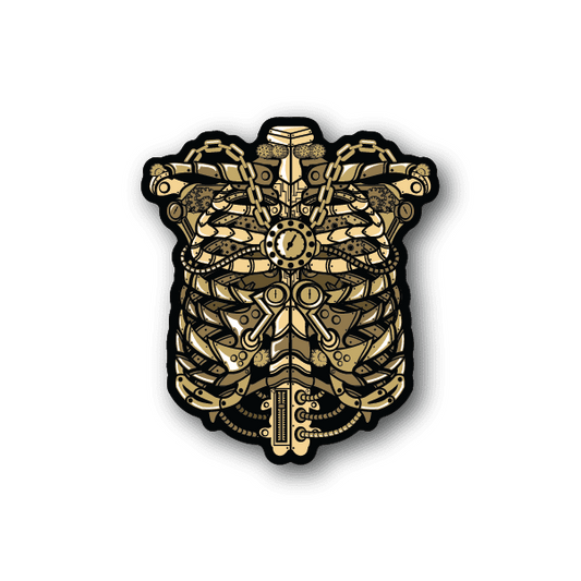 Steam punk rib cage vinyl sticker with gold mechanical gears and central sword