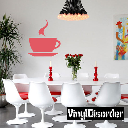 Red coffee cup and saucer wall decal with steam swirls, vinyl decal