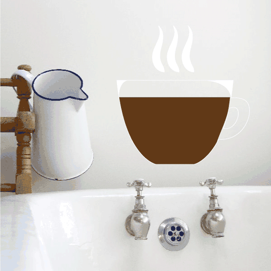 Steaming coffee cup sticker with brown coffee and white cup
