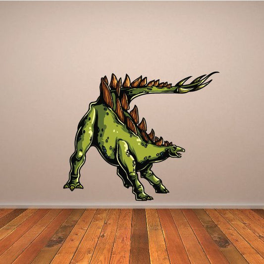 Green stegosaurus attack sticker with spiky back and open mouth