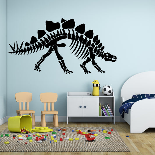 Stegosaurus skeleton wall decal in black and white, arched body and spiked plates