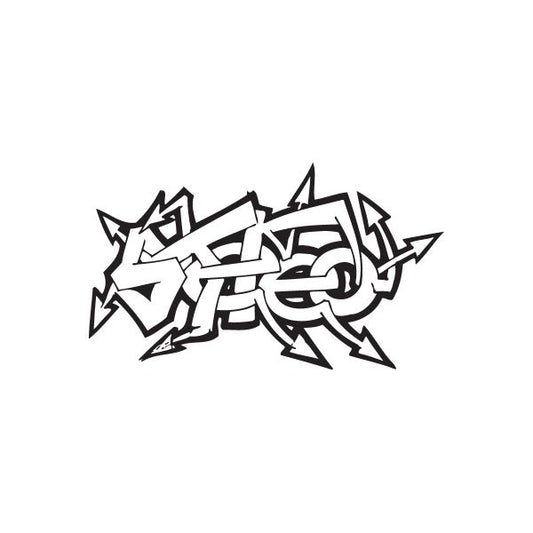 Graffiti-style decal with black and white tag lettering and shapes