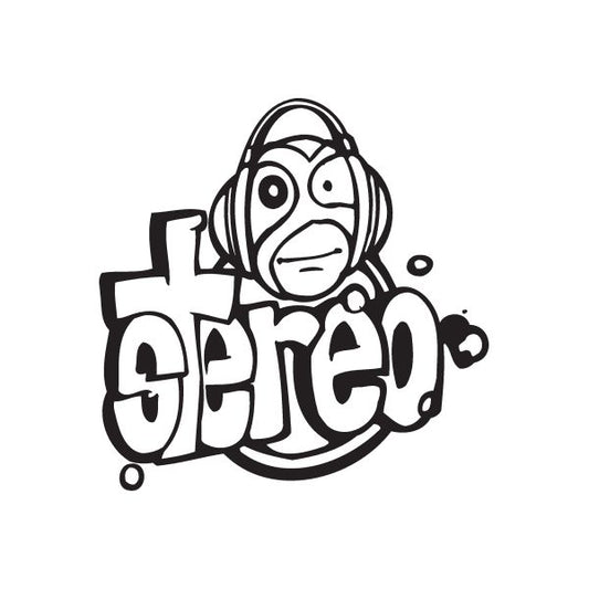 Stereo headphones decal with bold white cartoon face and black outline