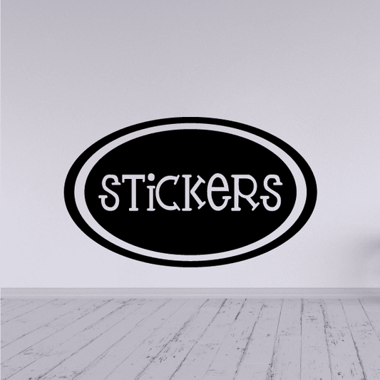 Oval sticker decal with black border and white STICKERS text