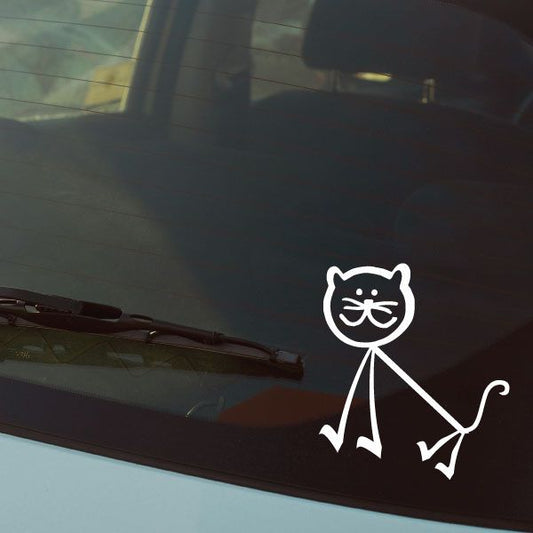 Cat decal in white outline, stick-figure cat with face and paw details