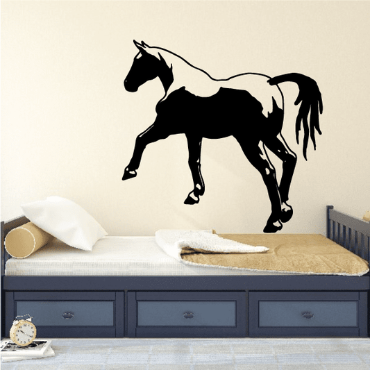 Black horse silhouette decal with long mane and tail, dynamic stomping pose