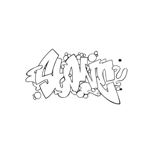 Graffiti-style stone decal with black outline and abstract tag lettering
