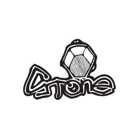 Graffiti-style stone decal with outlined soccer ball and curved text shapes in black