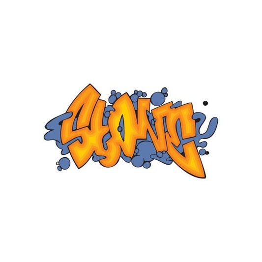 Graffiti-style sticker with orange and blue lettering
