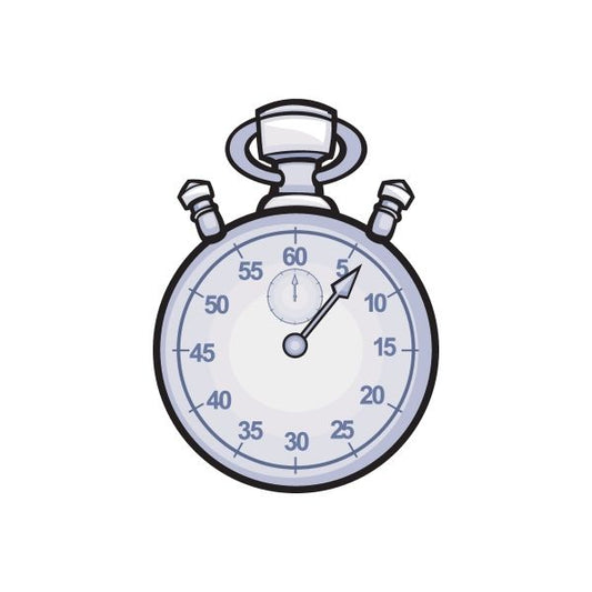 Stop watch sticker with blue dial and black outline, twin bells top.
