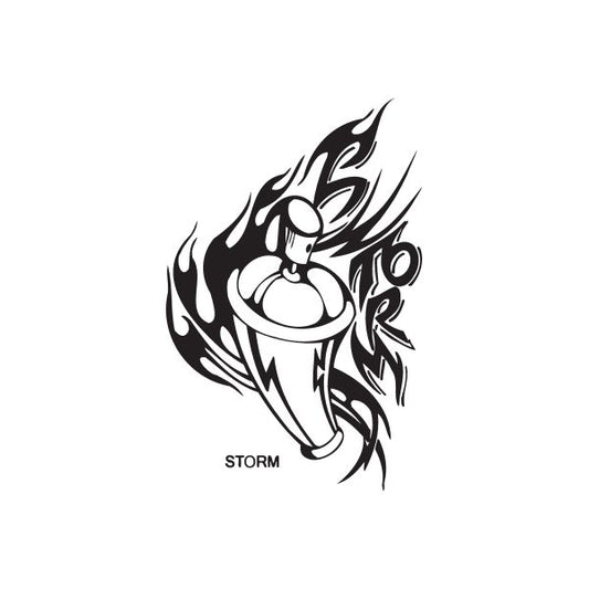 Storm graffiti decal with bold black tribal mascot and flame-style wings; STORM text.