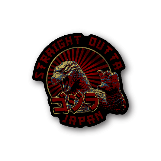 Vinyl sticker, dark circular patch with red rays, central monster, and stylized text