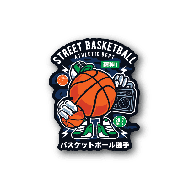 Vinyl basketball sticker with orange ball, green shoes, and Street Basketball badge design