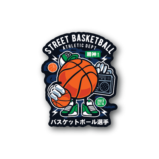 Vinyl basketball sticker with orange ball, green shoes, and Street Basketball badge design
