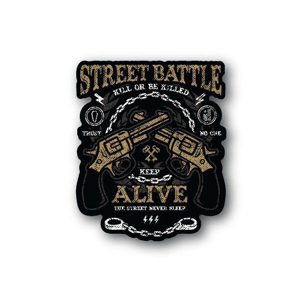 Street battle vinyl sticker with black background, gold lettering, and masked soldier graphic