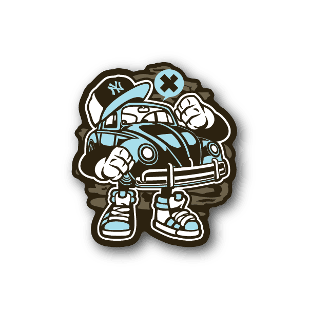 Vinyl sticker with teal and white cartoon beetle car and streetwear character graphic