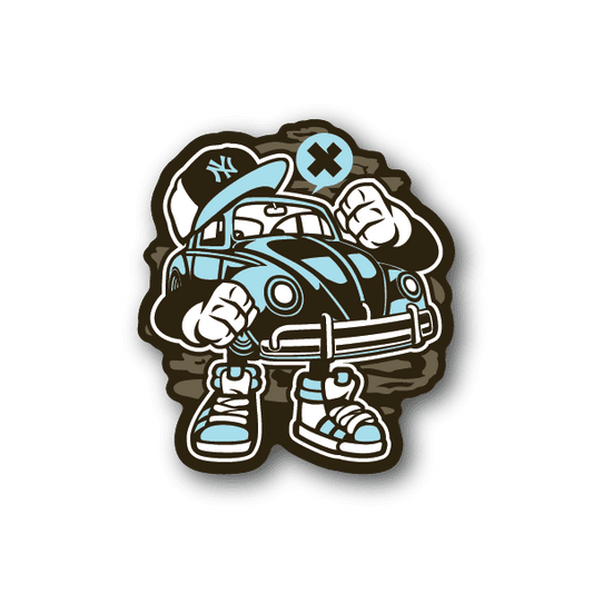 Vinyl sticker with teal and white cartoon beetle car and streetwear character graphic