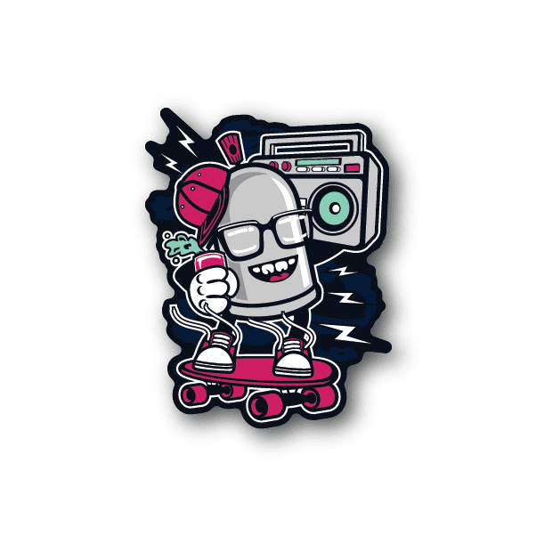 Vinyl sticker of cartoon robot skater with pink accents and cassette boombox.