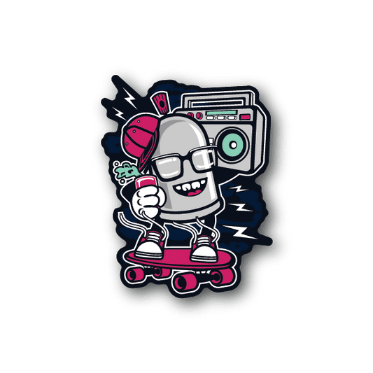 Vinyl sticker of cartoon robot skater with pink accents and cassette boombox.