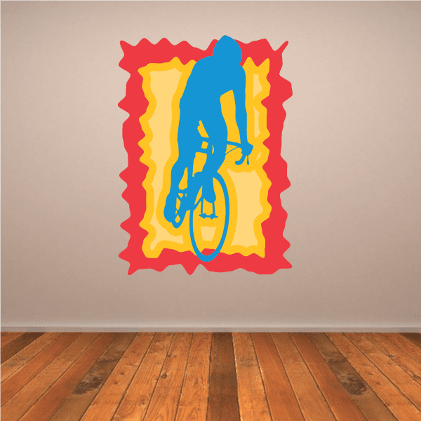 Street cyclist sticker with colorful blue bicycle in red and yellow flames