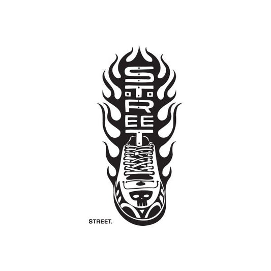 Flame sneaker street graffiti decal, black-and-white with small “STREET.” text