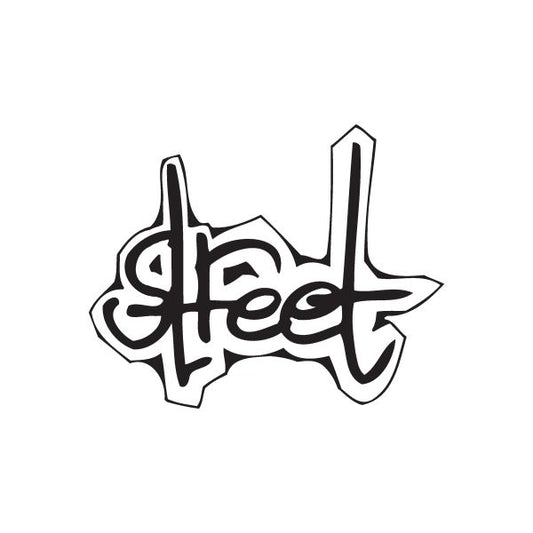 Graffiti street decal with stylized black lettering and outlines