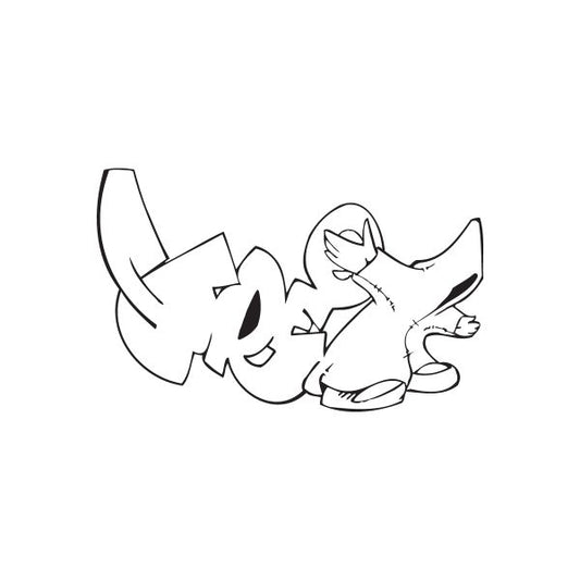 Graffiti-style street art decal with outlined character and hand sign, black ink on white.