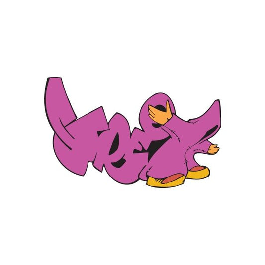 Graffiti-style street sticker of a purple kneeling character with yellow accents