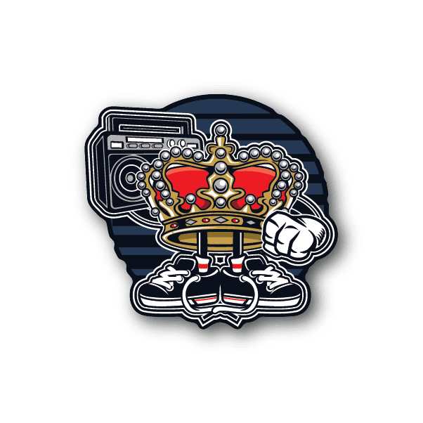Vinyl sticker of cartoon king with crown, blue shield and red details