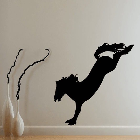 Stretched landing horse wall decal, black silhouette of horse rearing midair