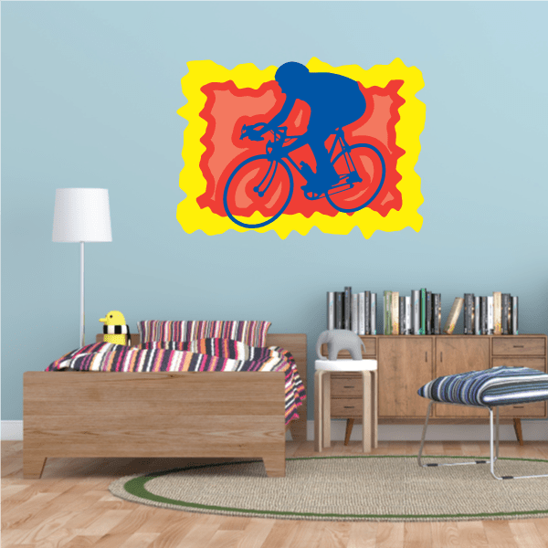 Cyclist sticker with blue and red running bicycle graphic on yellow wavy border