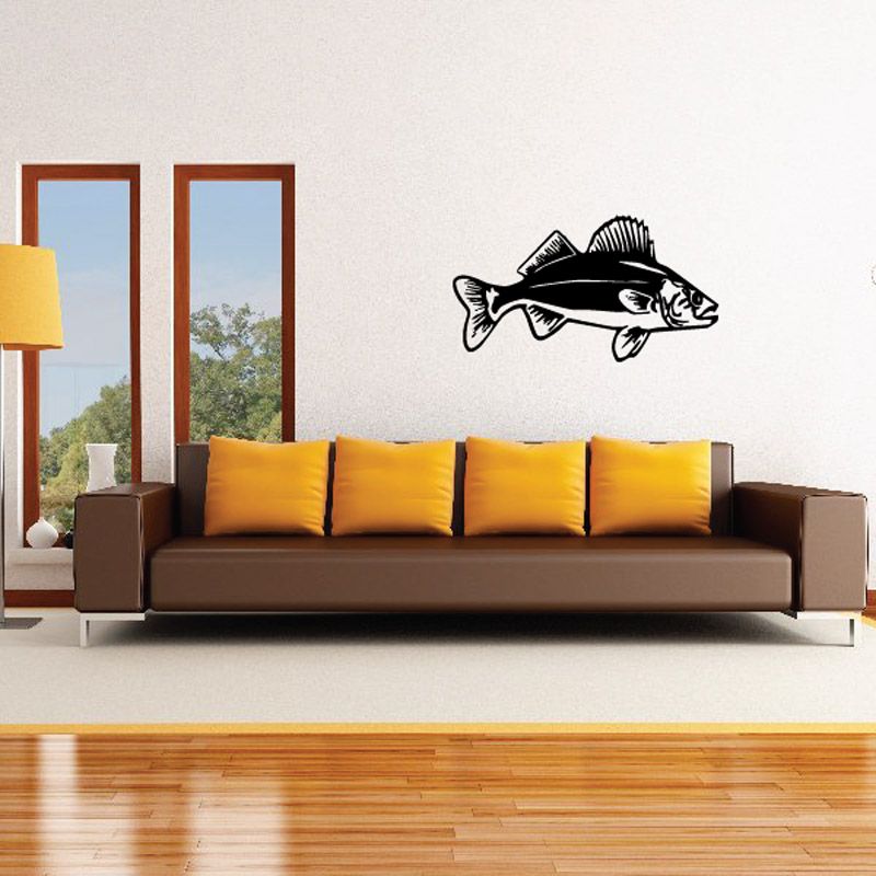 Striding yellow perch decal, black fish illustration
